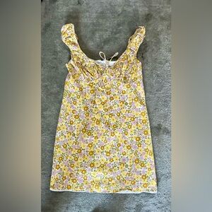 Wayf Yellow Floral Mini Dress with Pink & Green Blooms